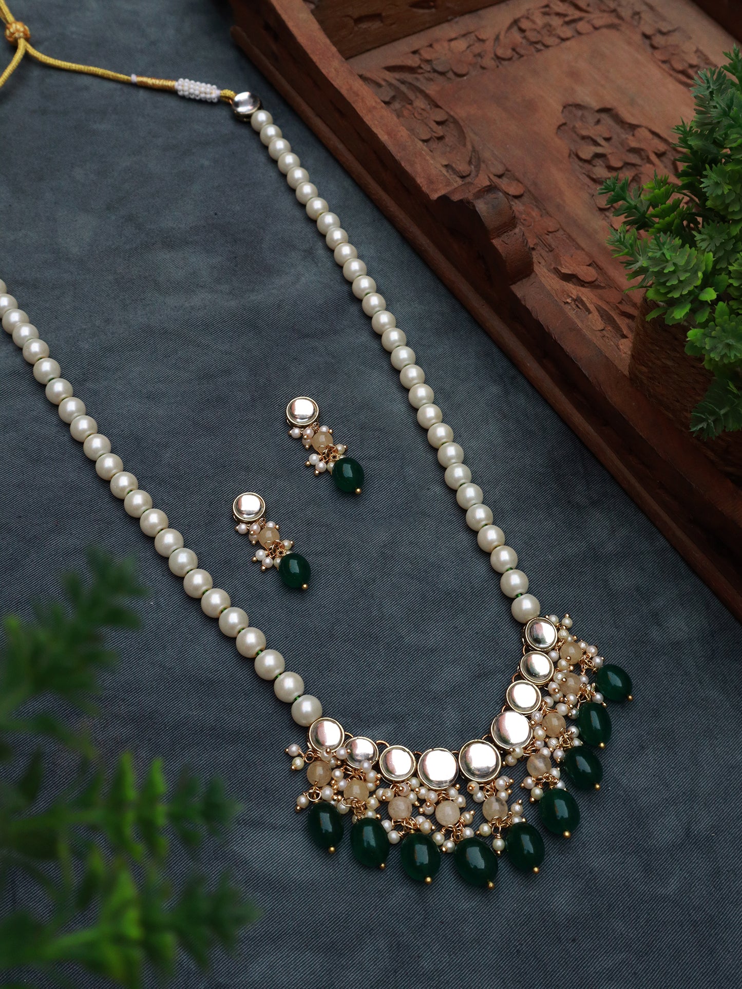 Green Beads and Kundan Long Necklace