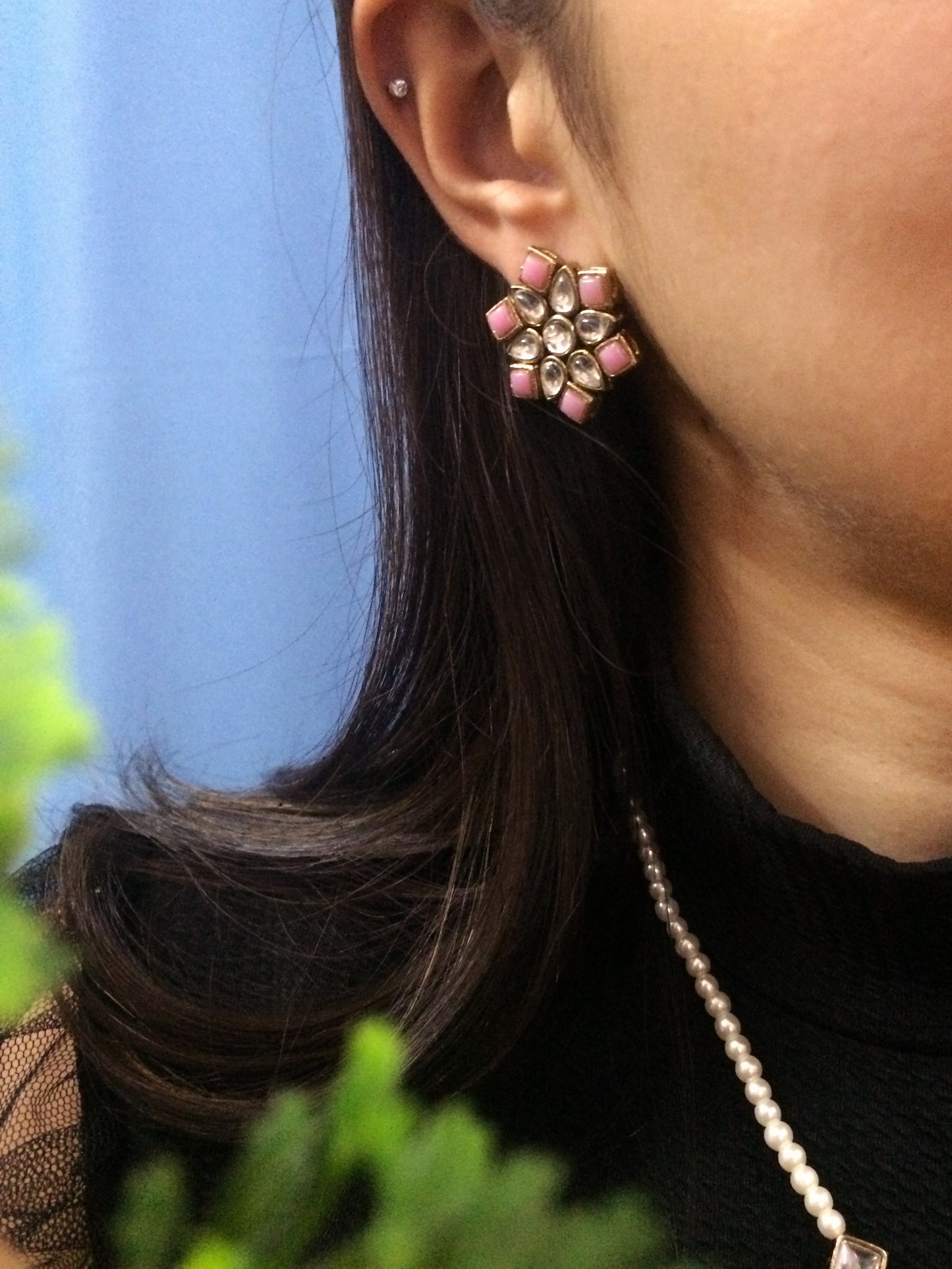 Pink Stones and Kundan Small Round Studs