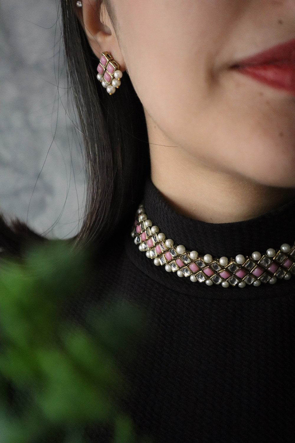 Kundan-Pink Stone Choker Necklace Set