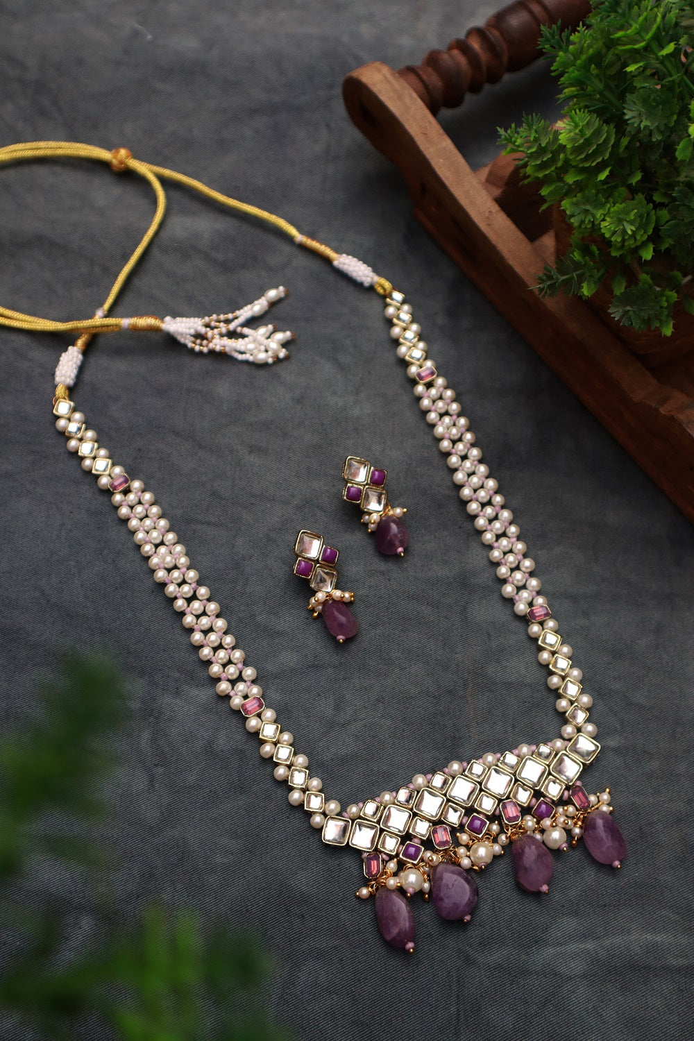 Amethyst Kundan and Pearl Long Necklace Set – PAYA