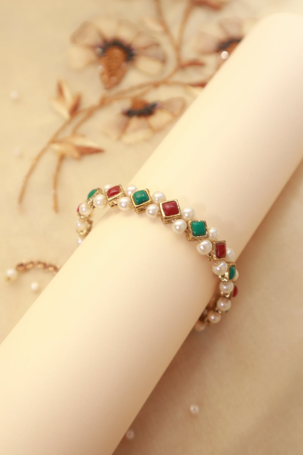 YUGAL SUTRA - Emerald-Marsala Stone and Pearl Bracelet