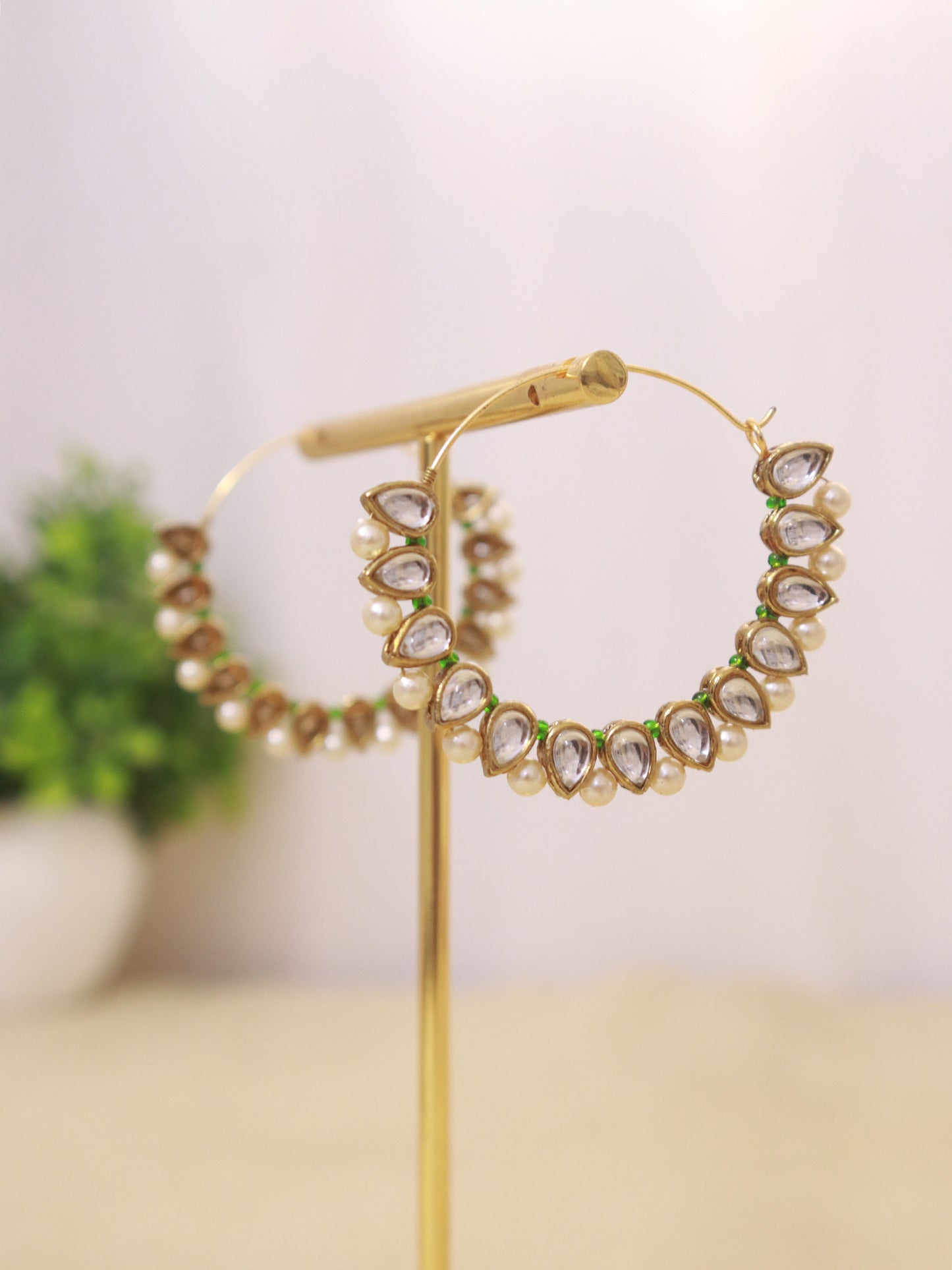 Pear Kundan Beaded Hoops - Green