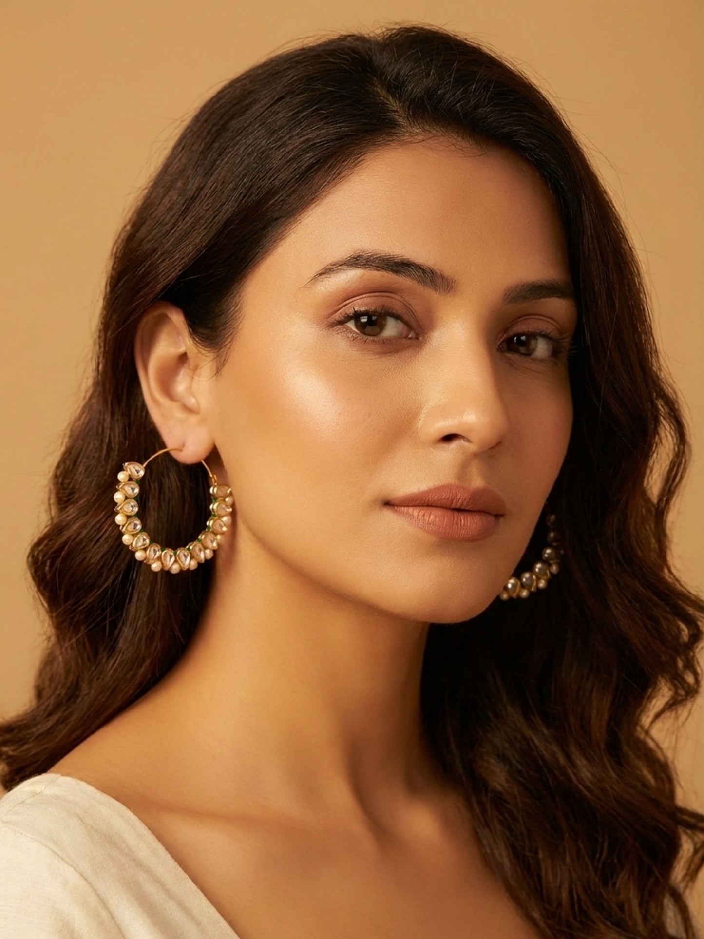 Pear Kundan Beaded Hoops - Green