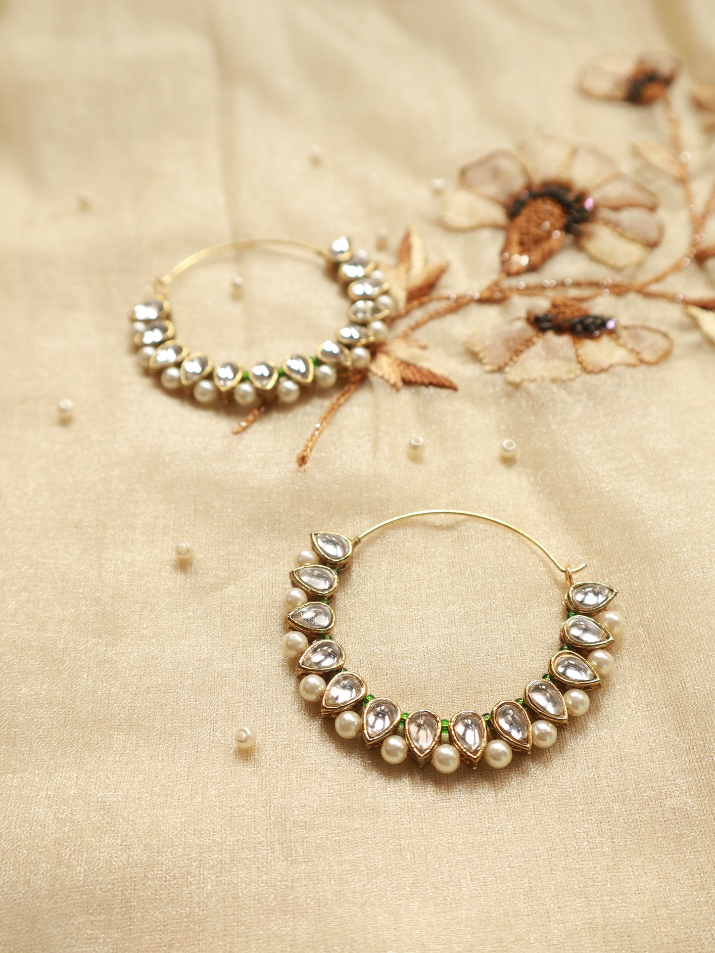Pear Kundan Beaded Hoops - Green