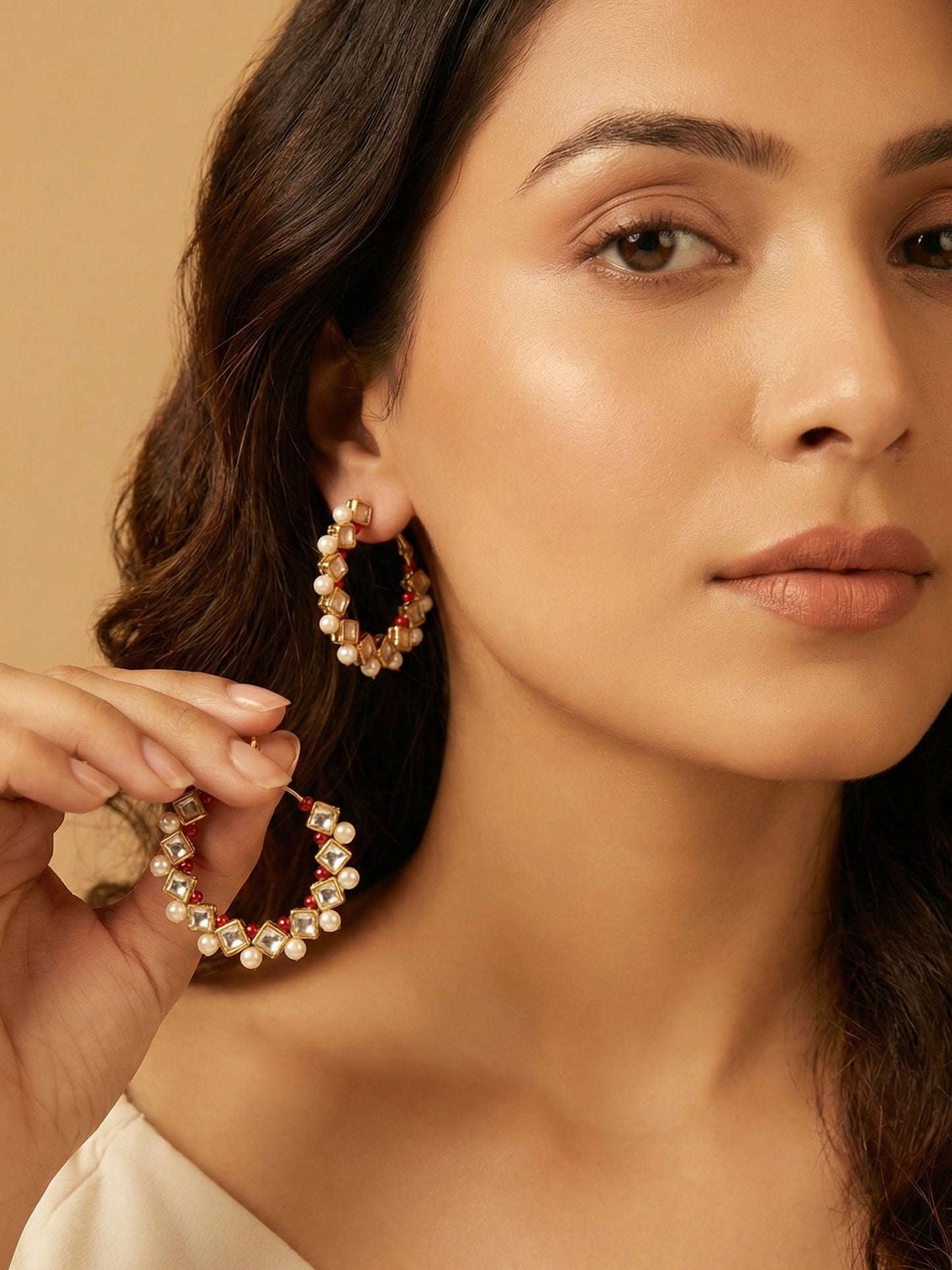 Square Kundan Beaded Hoops