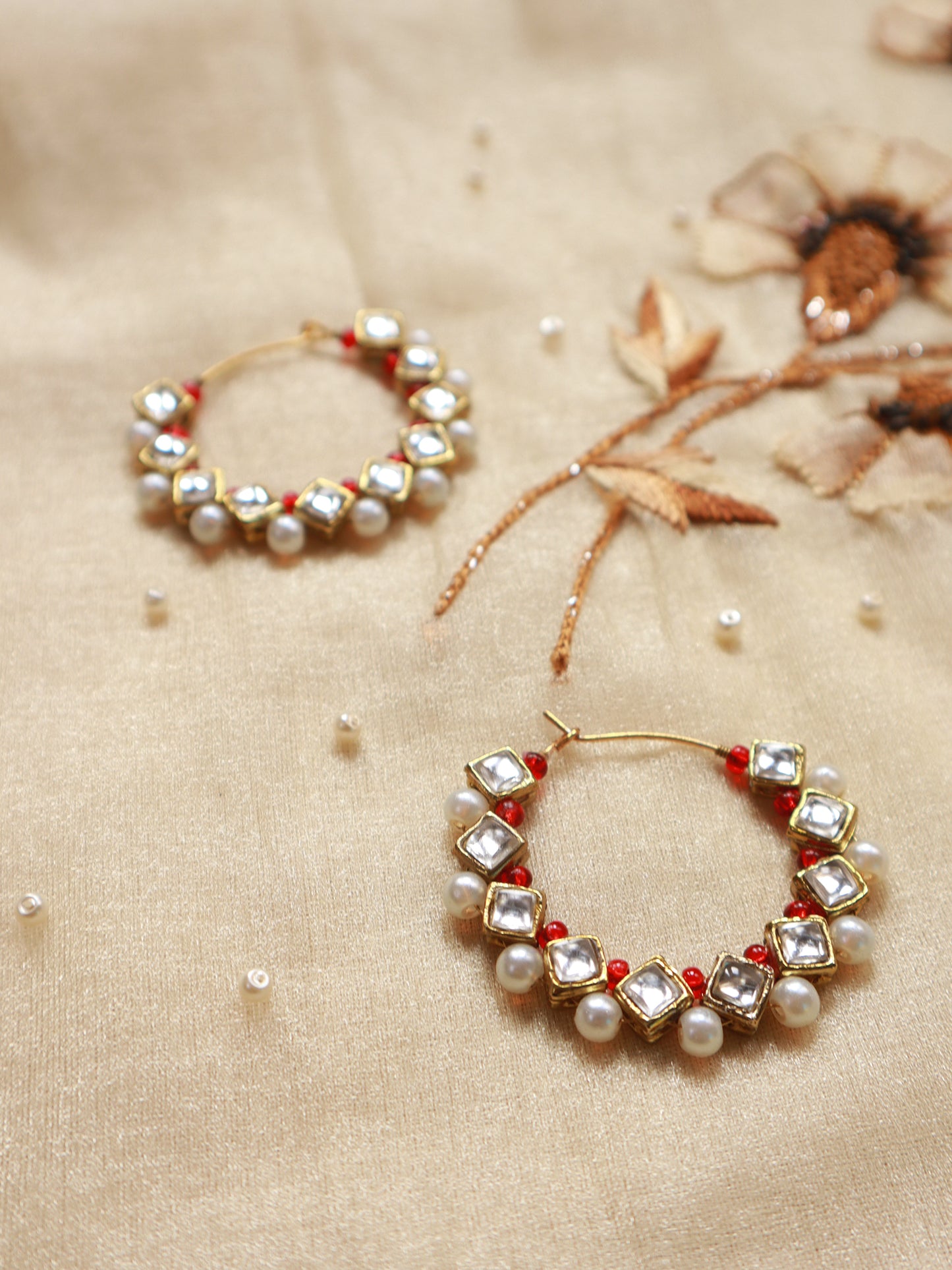 Square Kundan Beaded Hoops