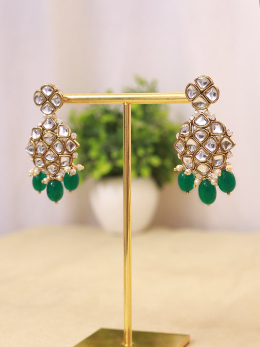 Green Stone and Kundan Chandelier Earrings