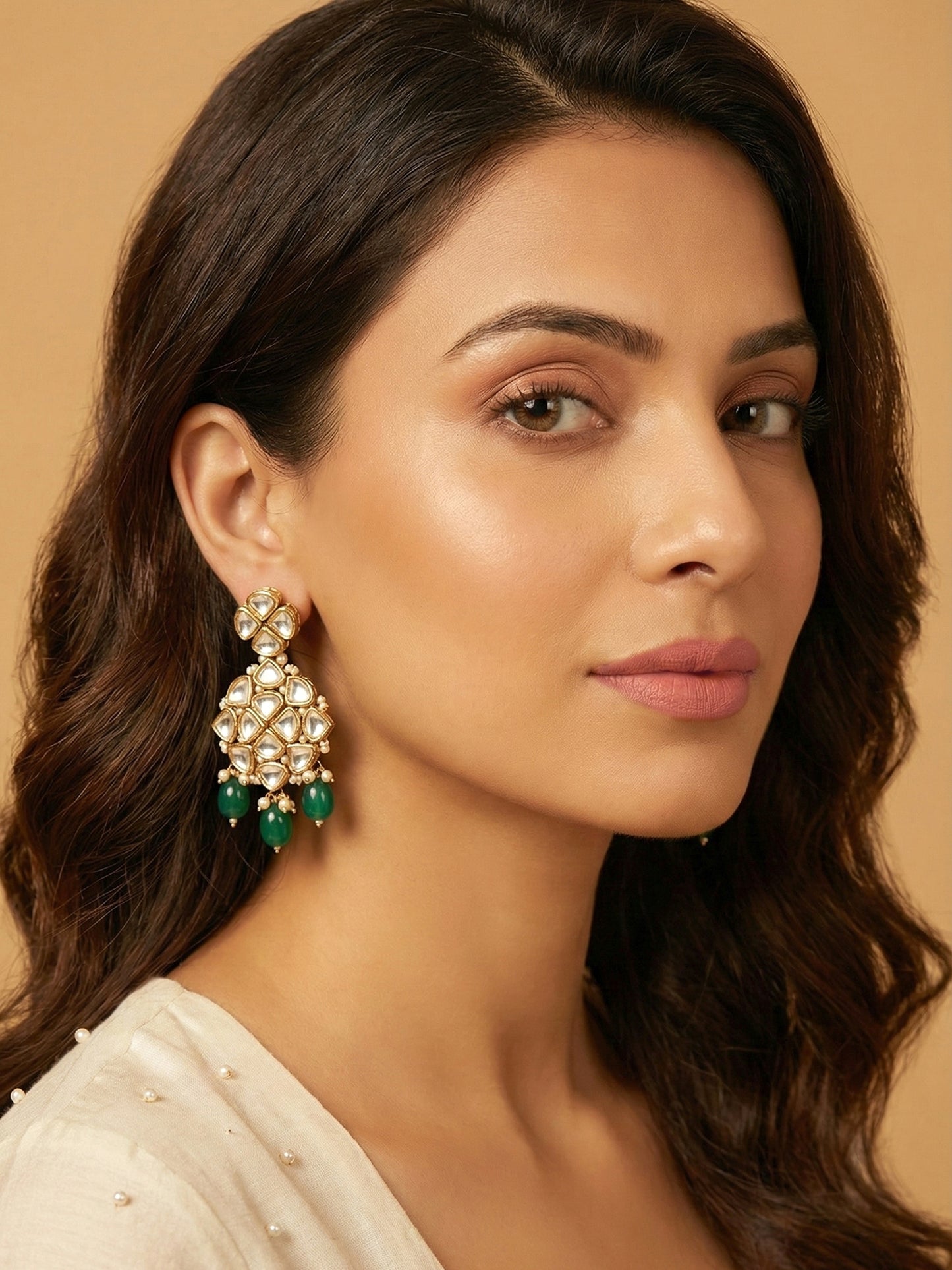 Green Stone and Kundan Chandelier Earrings