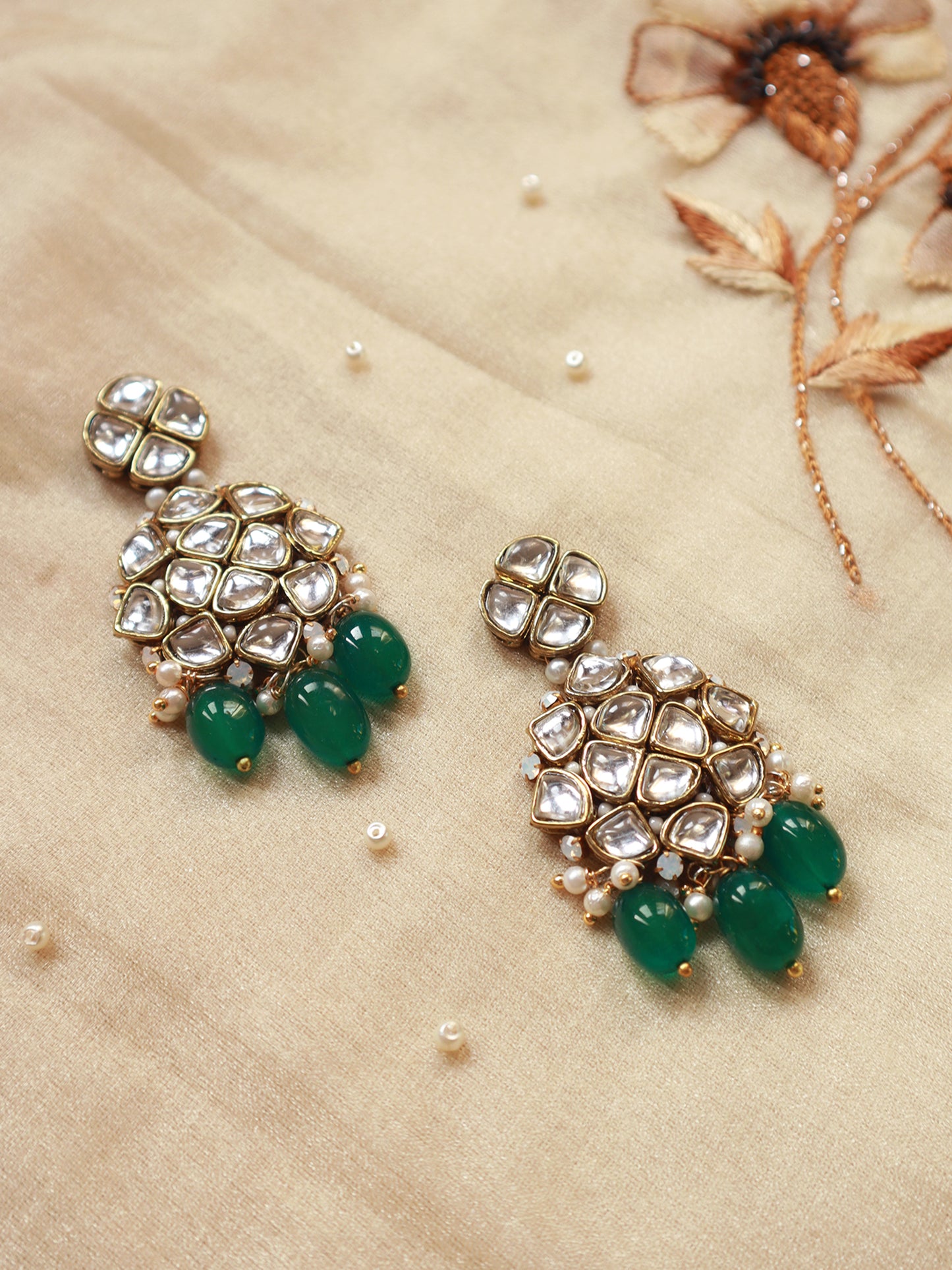 Green Stone and Kundan Chandelier Earrings