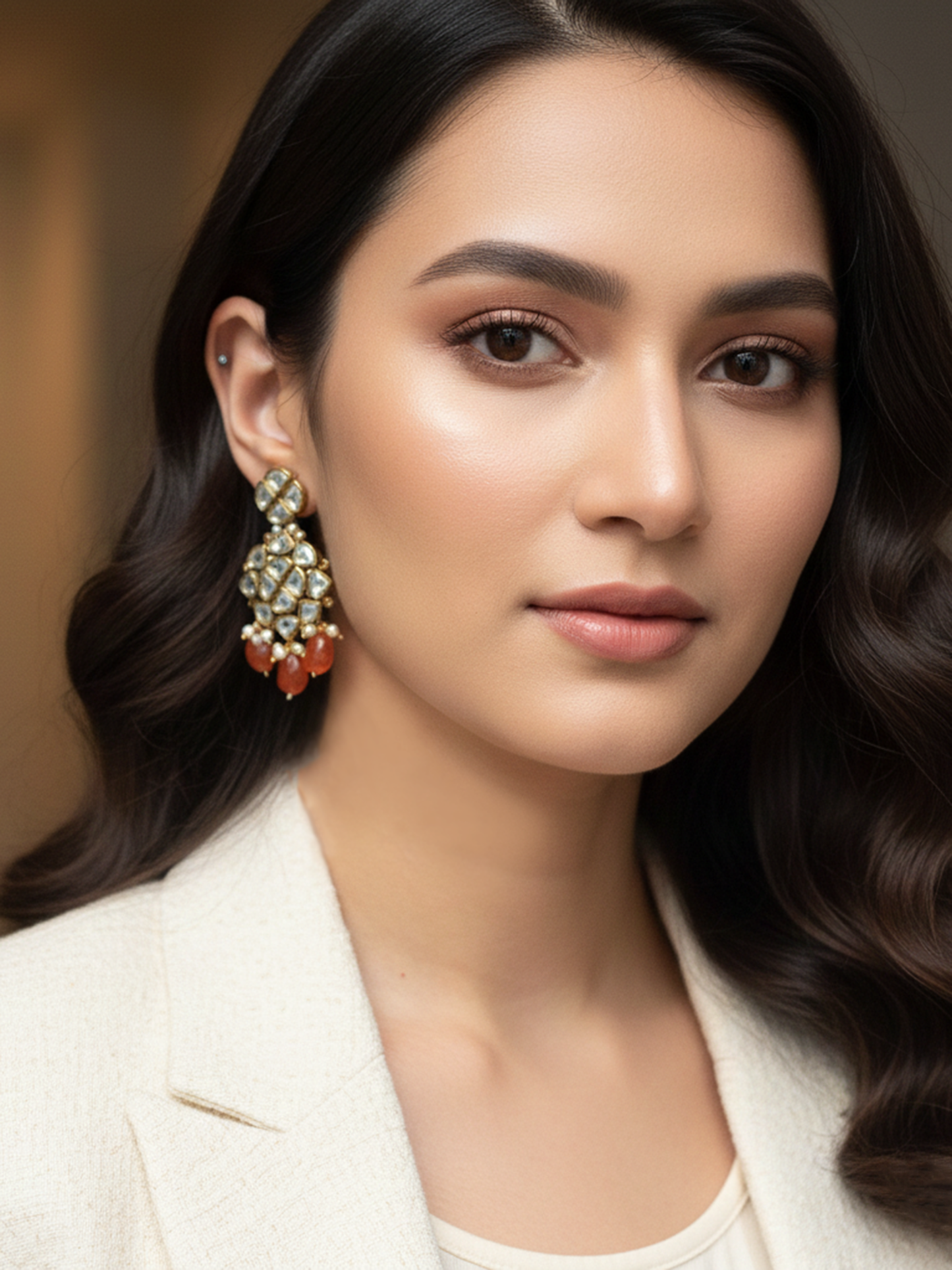 Natural Carnelian and Kundan Chandelier Earrings