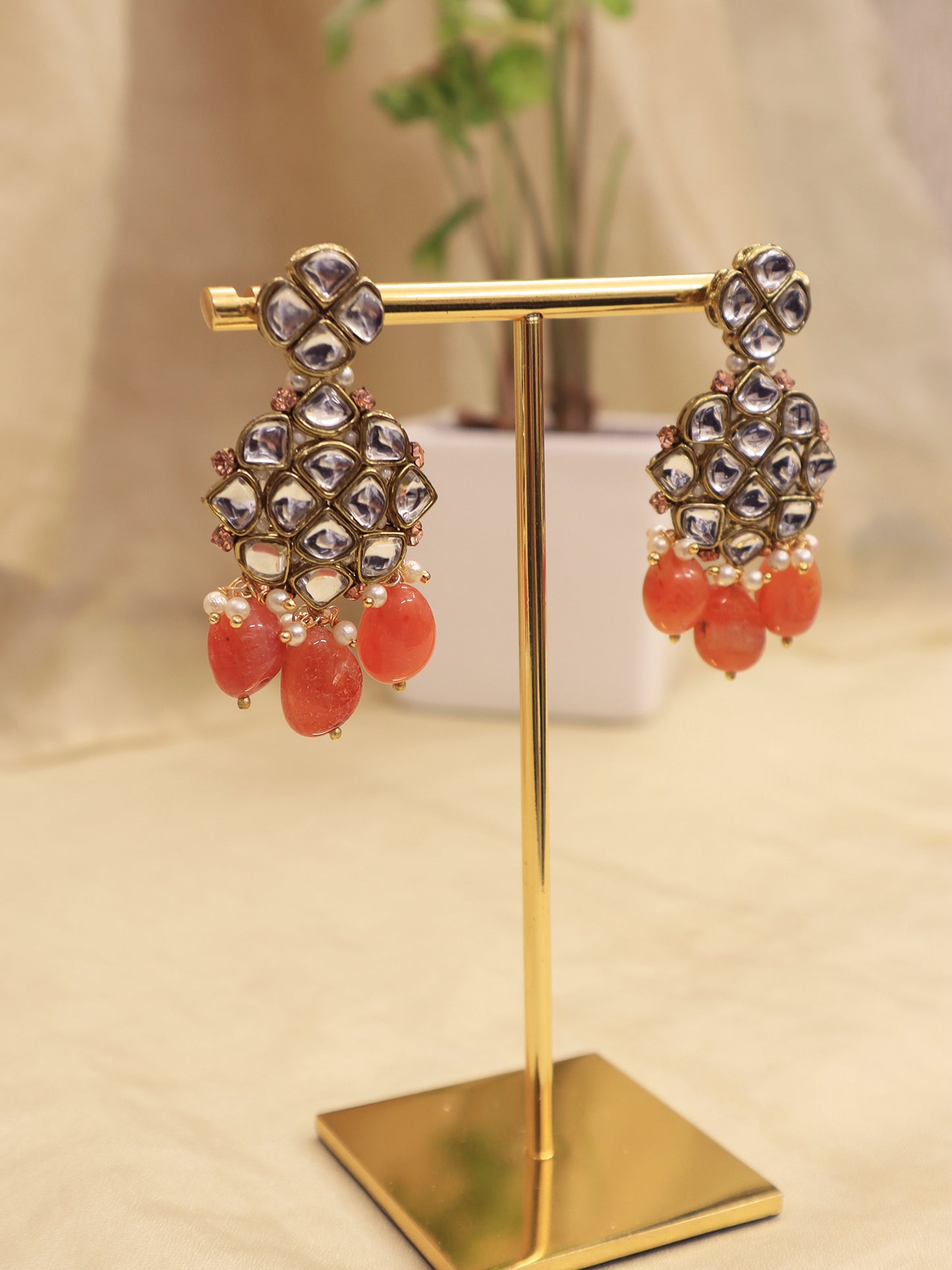 Natural Carnelian and Kundan Chandelier Earrings