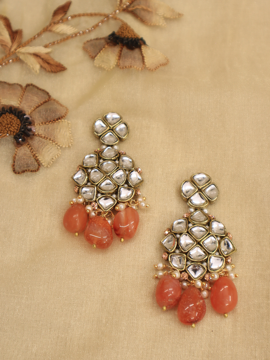 Natural Carnelian and Kundan Chandelier Earrings