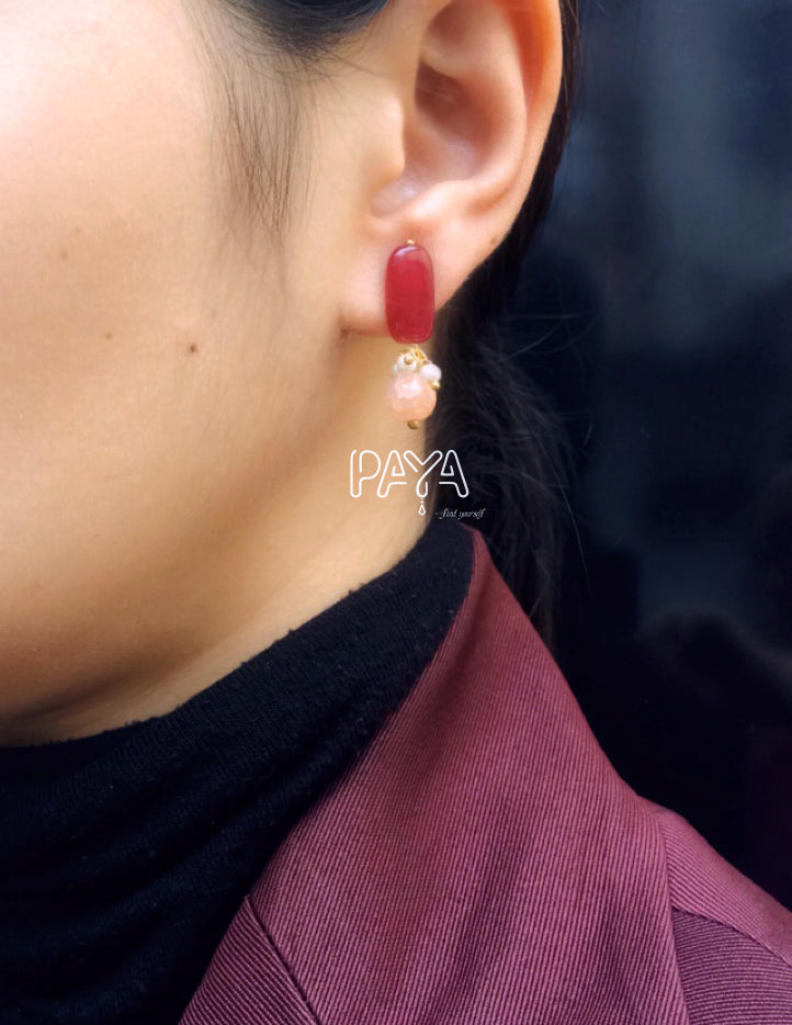 Red Stone and Crackled Pearl Stud Earrings