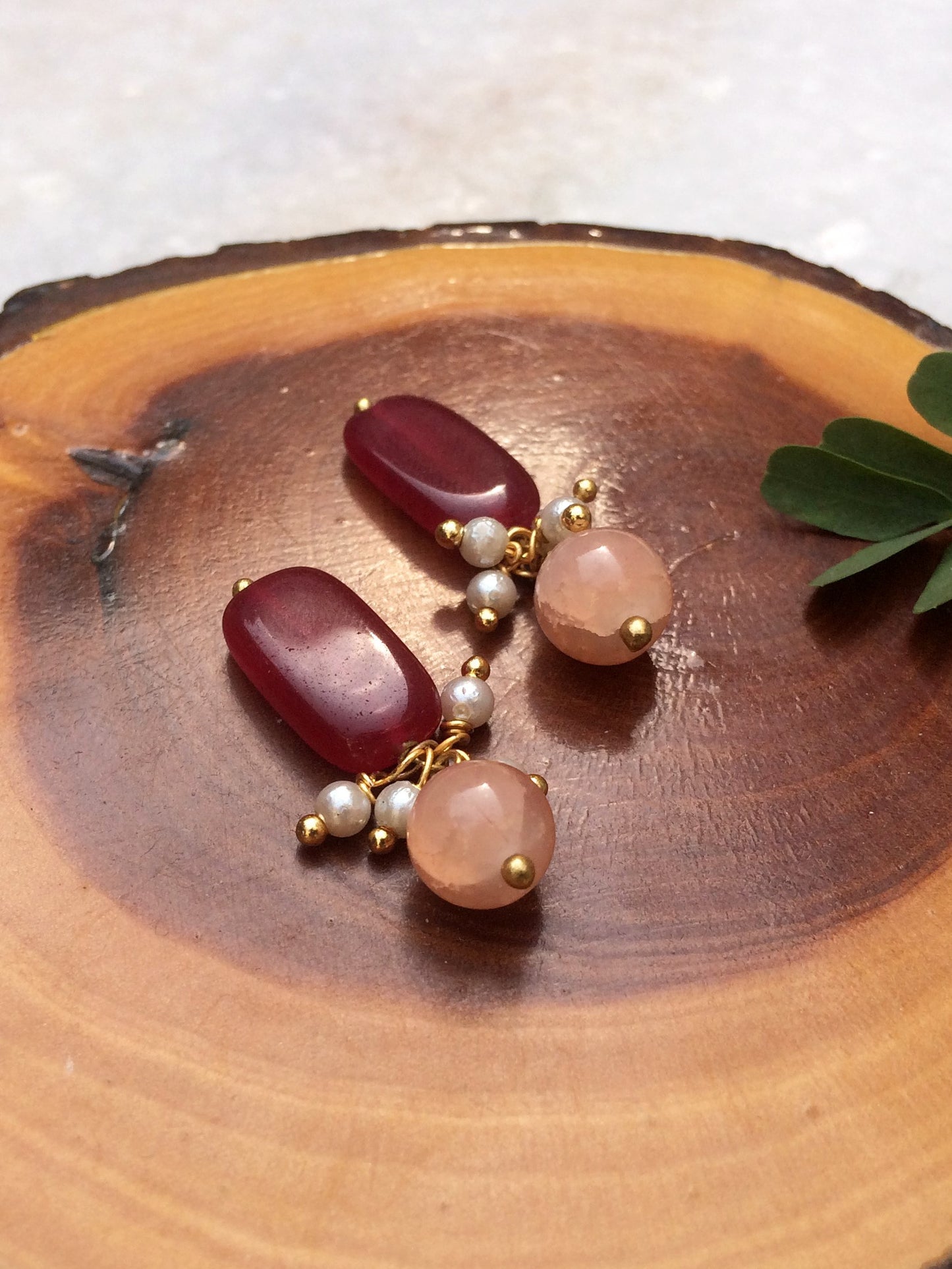 Red Stone and Crackled Pearl Stud Earrings