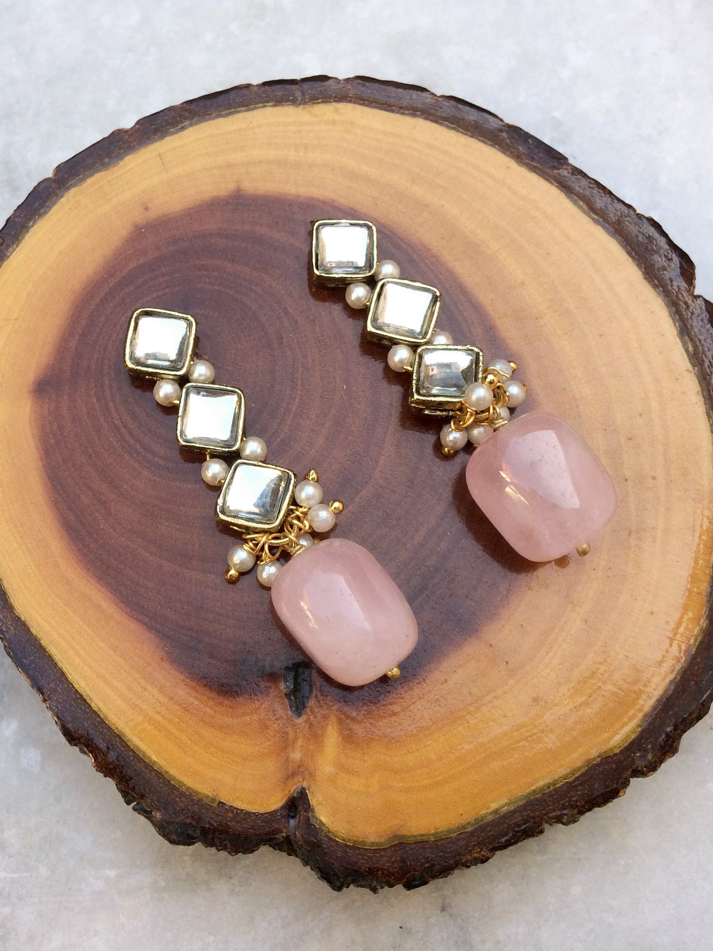 Rose Quartz and Kundan Dangler Earrings