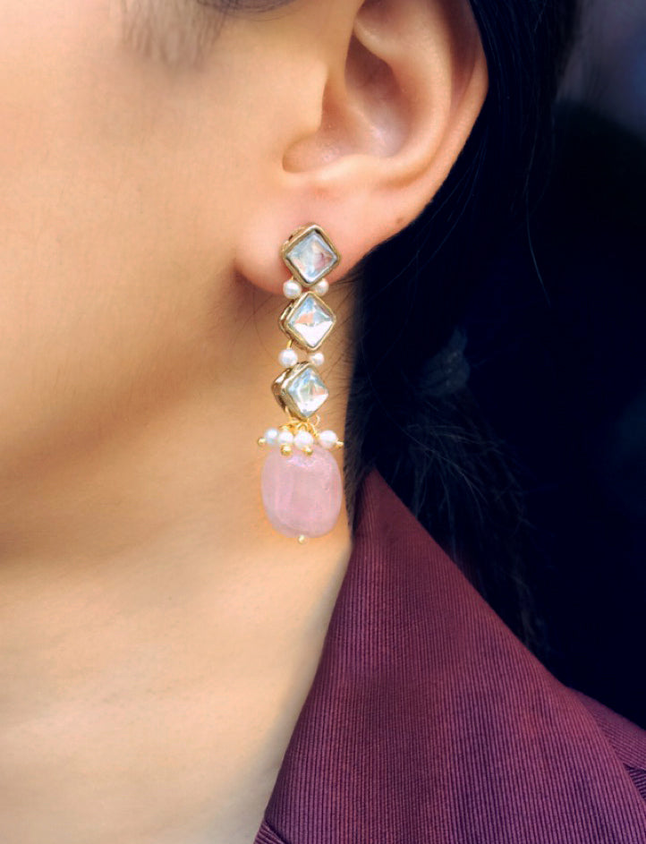 Rose Quartz and Kundan Dangler Earrings