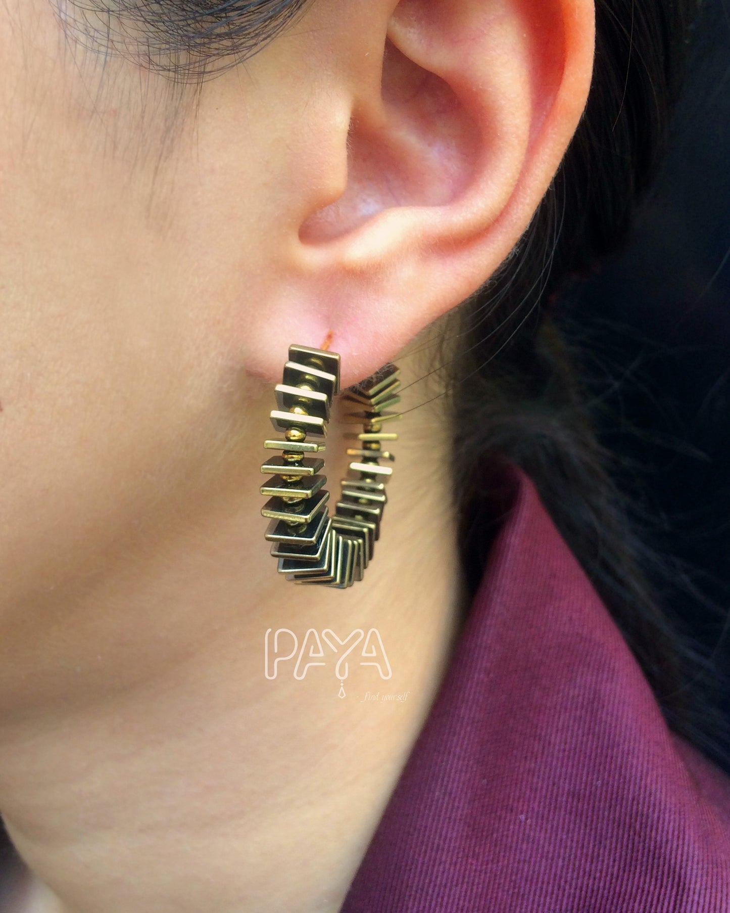 Golden Square and Beads Hoop Earrings