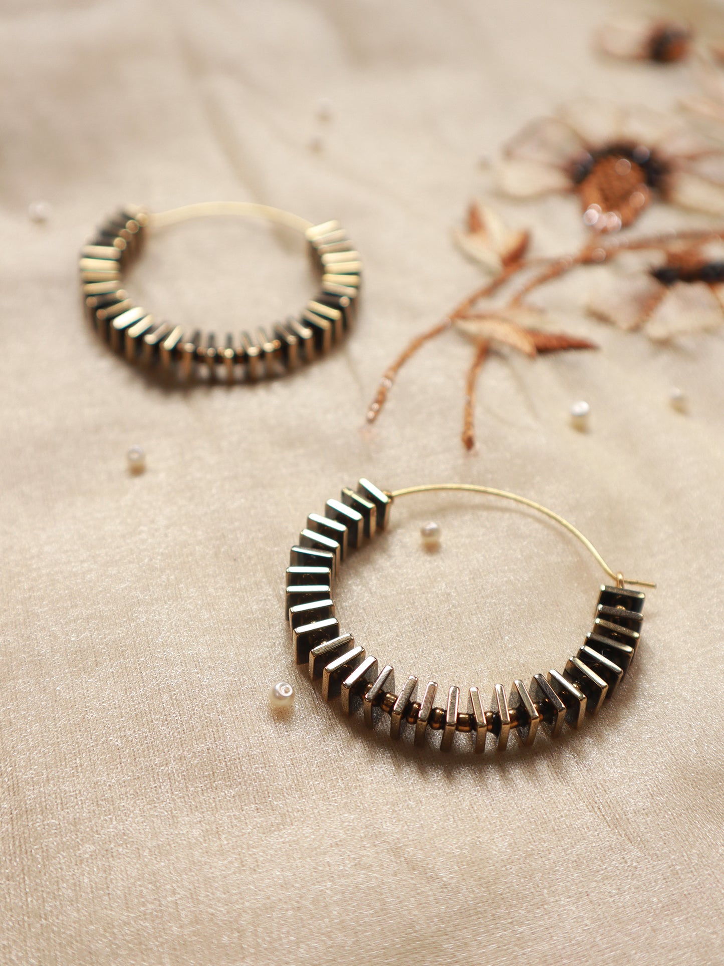 Golden Square and Beads Hoop Earrings
