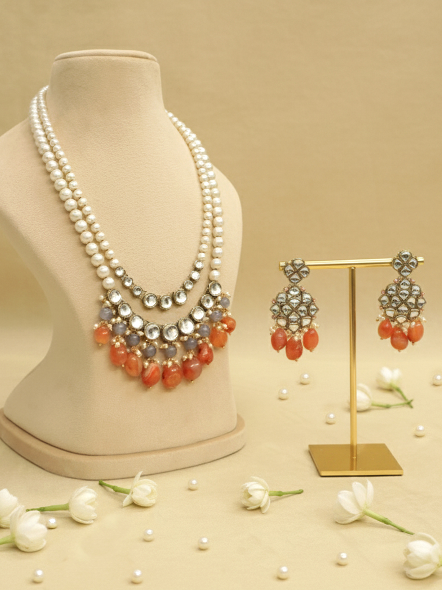 Carnelian and Kundan Long Layered Necklace Set