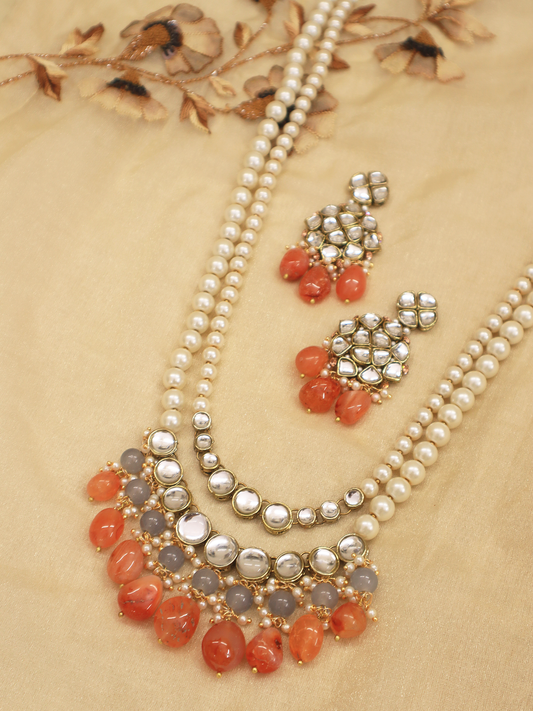 Carnelian and Kundan Long Layered Necklace Set