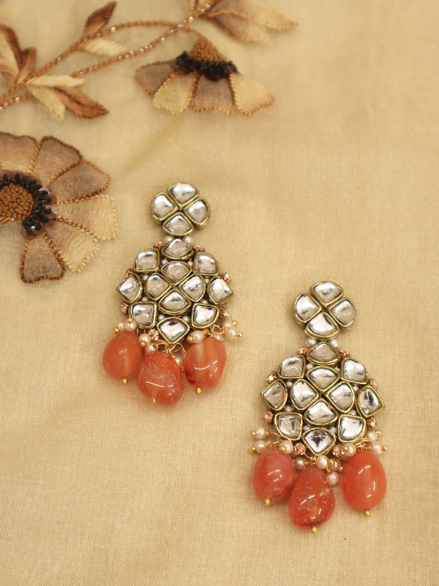 Carnelian and Kundan Long Layered Necklace Set
