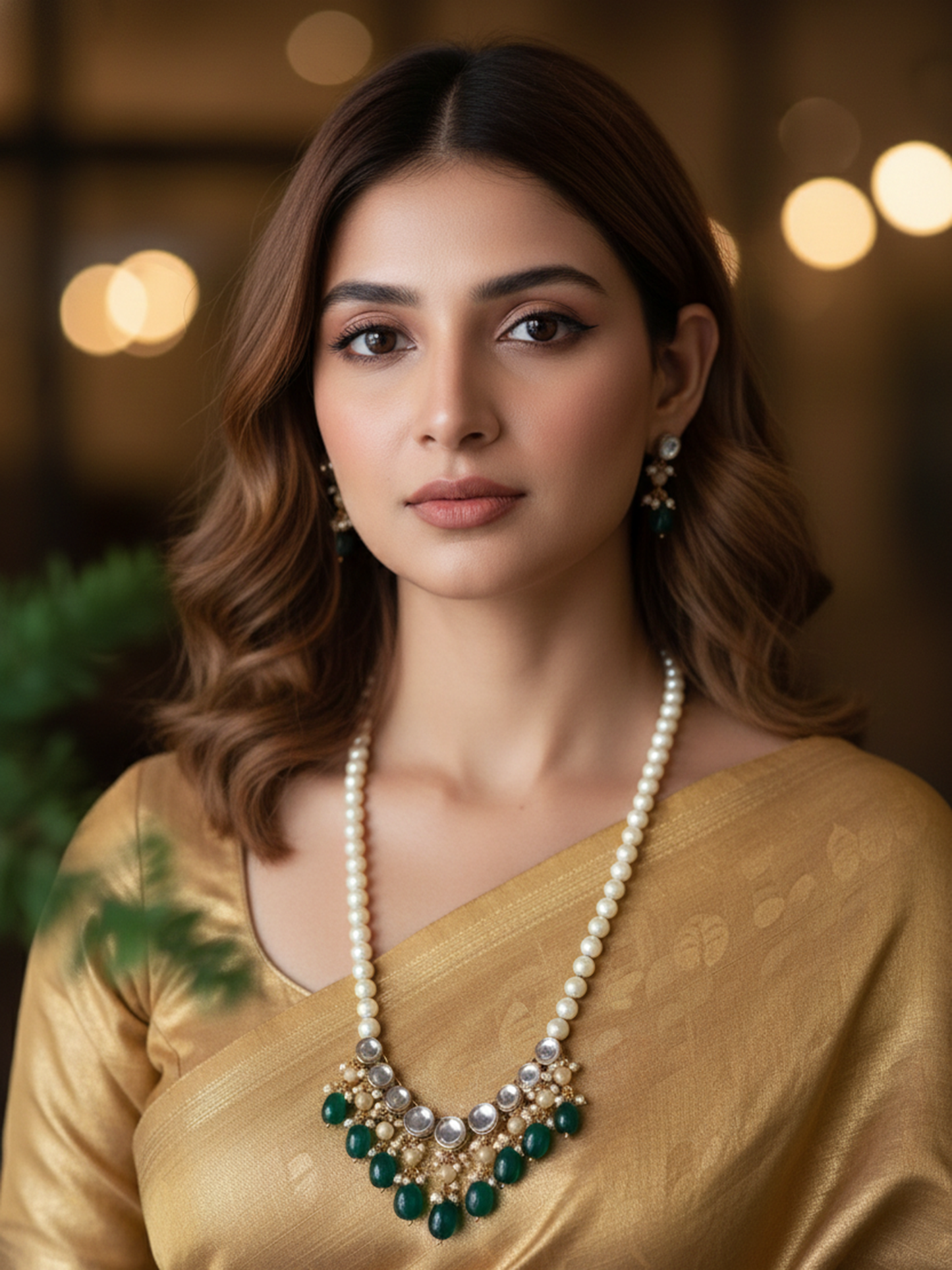 Green Beads and Kundan Long Necklace