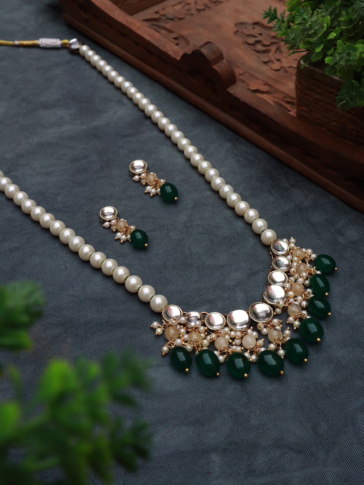 Green Beads and Kundan Long Necklace