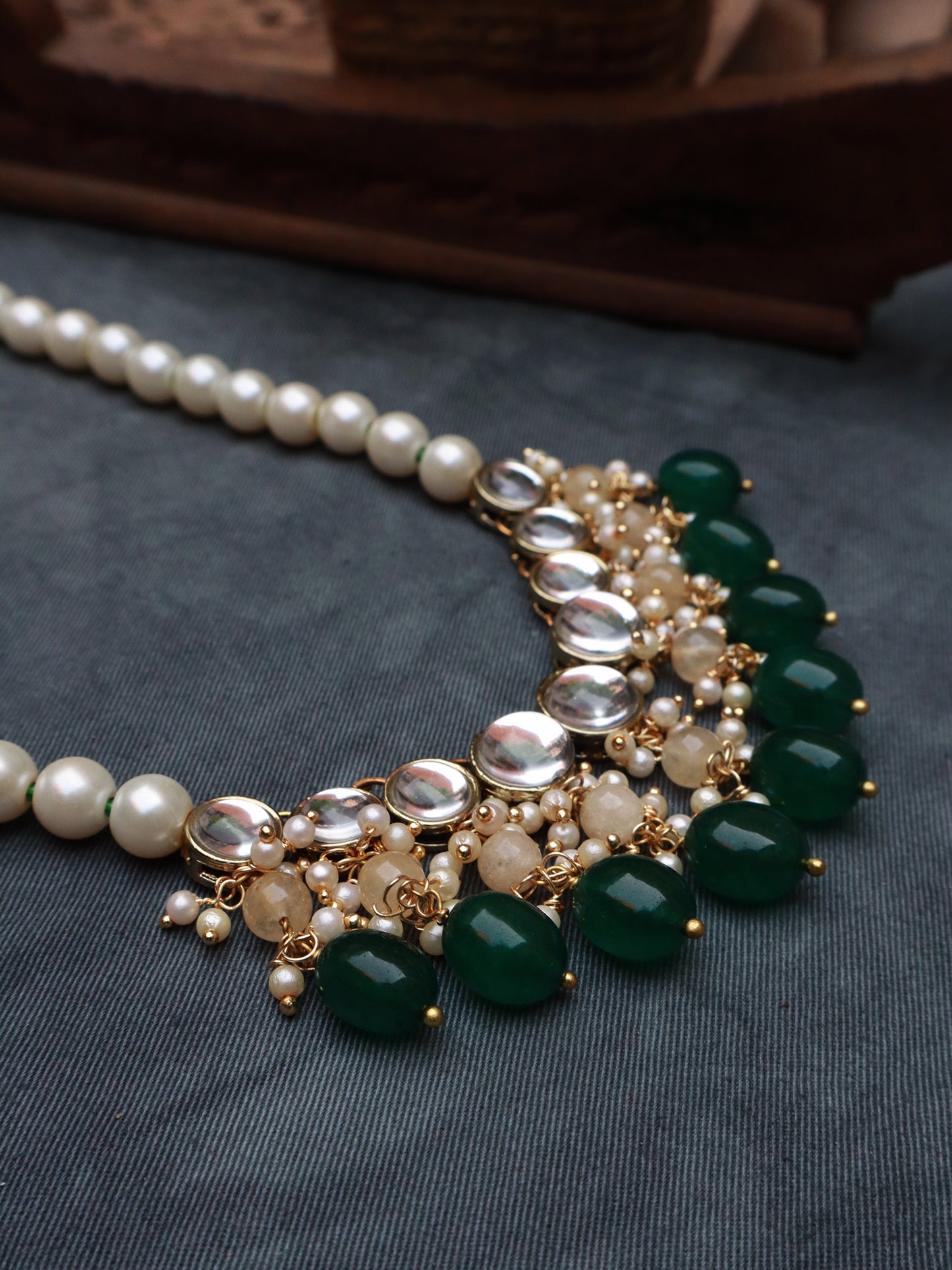 Green Beads and Kundan Long Necklace