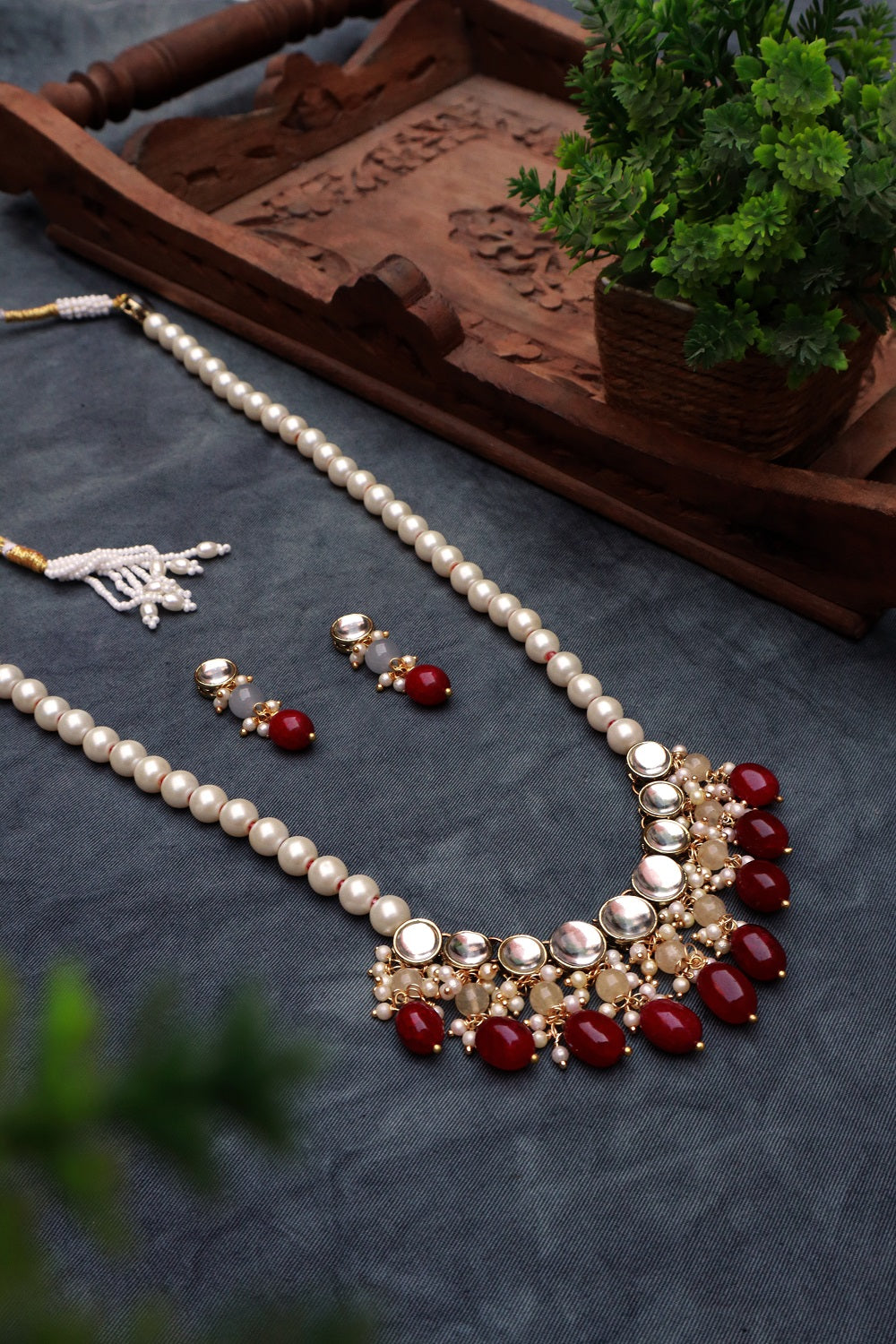 Red Beads and Kundan Long Necklace