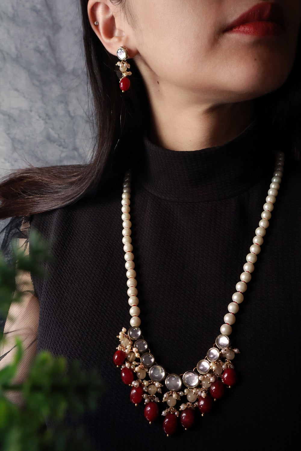 Red Beads and Kundan Long Necklace