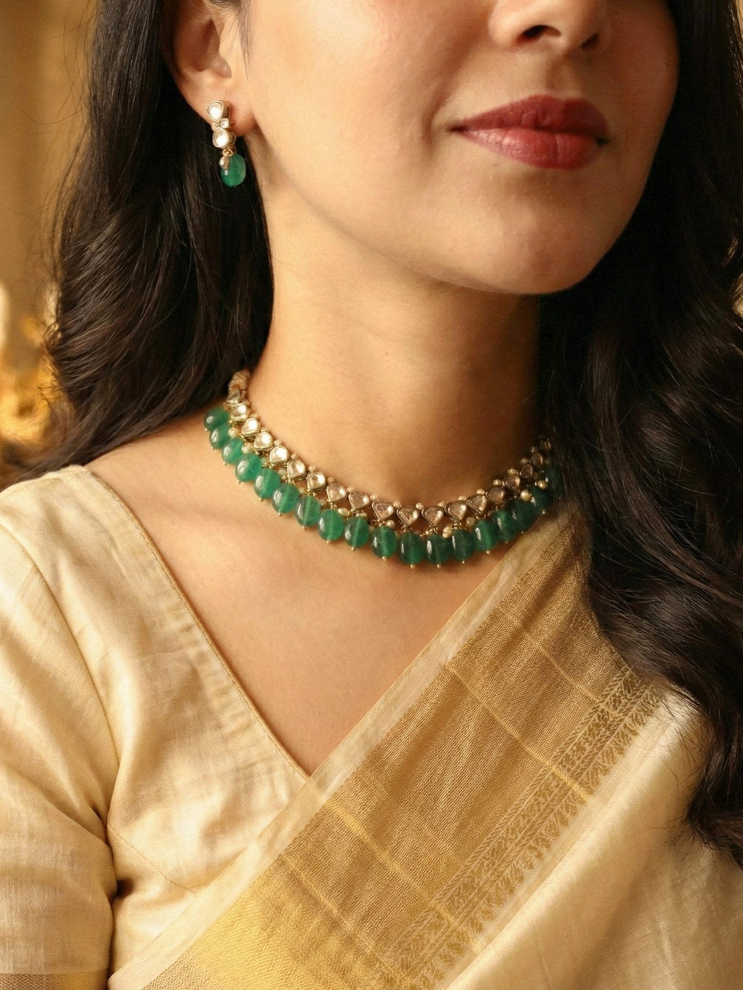 Kundan Linear Choker Set - Green