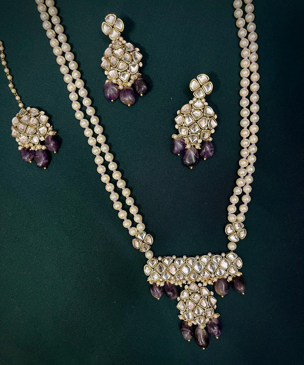 Purple Royal Kundan Necklace Set with Maangtika