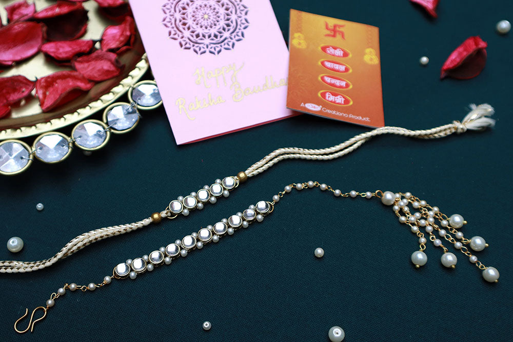 PAYA Classic Kundan & Pearl Rakhi and Lumba / Sister Rakhi Combo