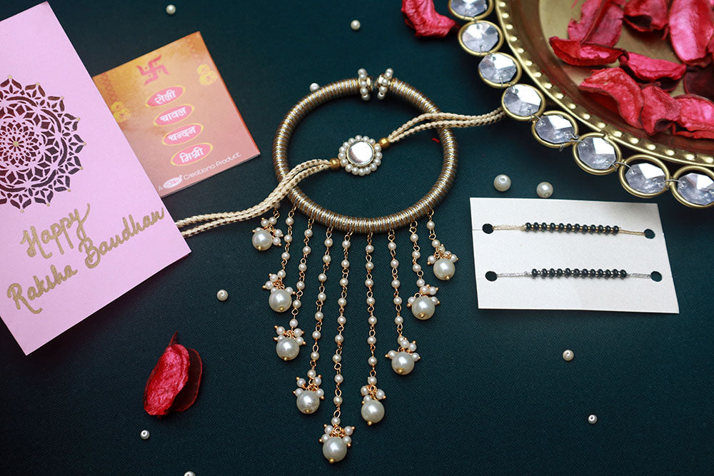 PAYA Minimalist Kundan Rakhi and Lumba / Sister Rakhi Combo - Set of 2
