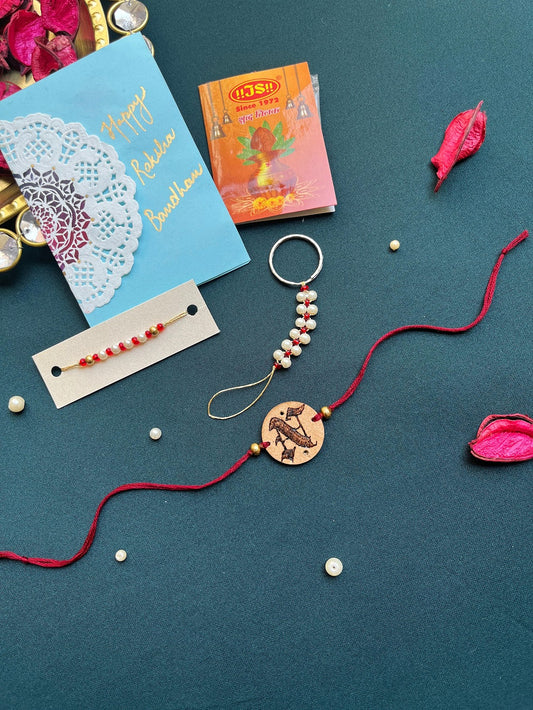 PAYA Reusable 2 in 1 Personalized Initials Handmade Wooden Rakhi + Keyring (Customizable)