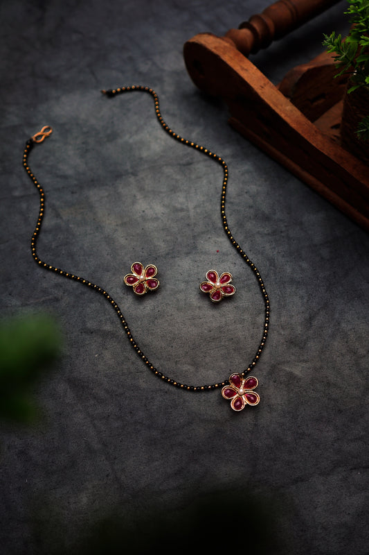 Flower Mangalsutra Necklace Set - Red
