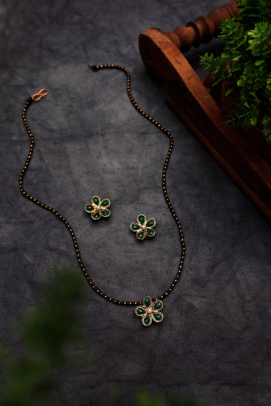 Flower Mangalsutra Necklace Set - Green