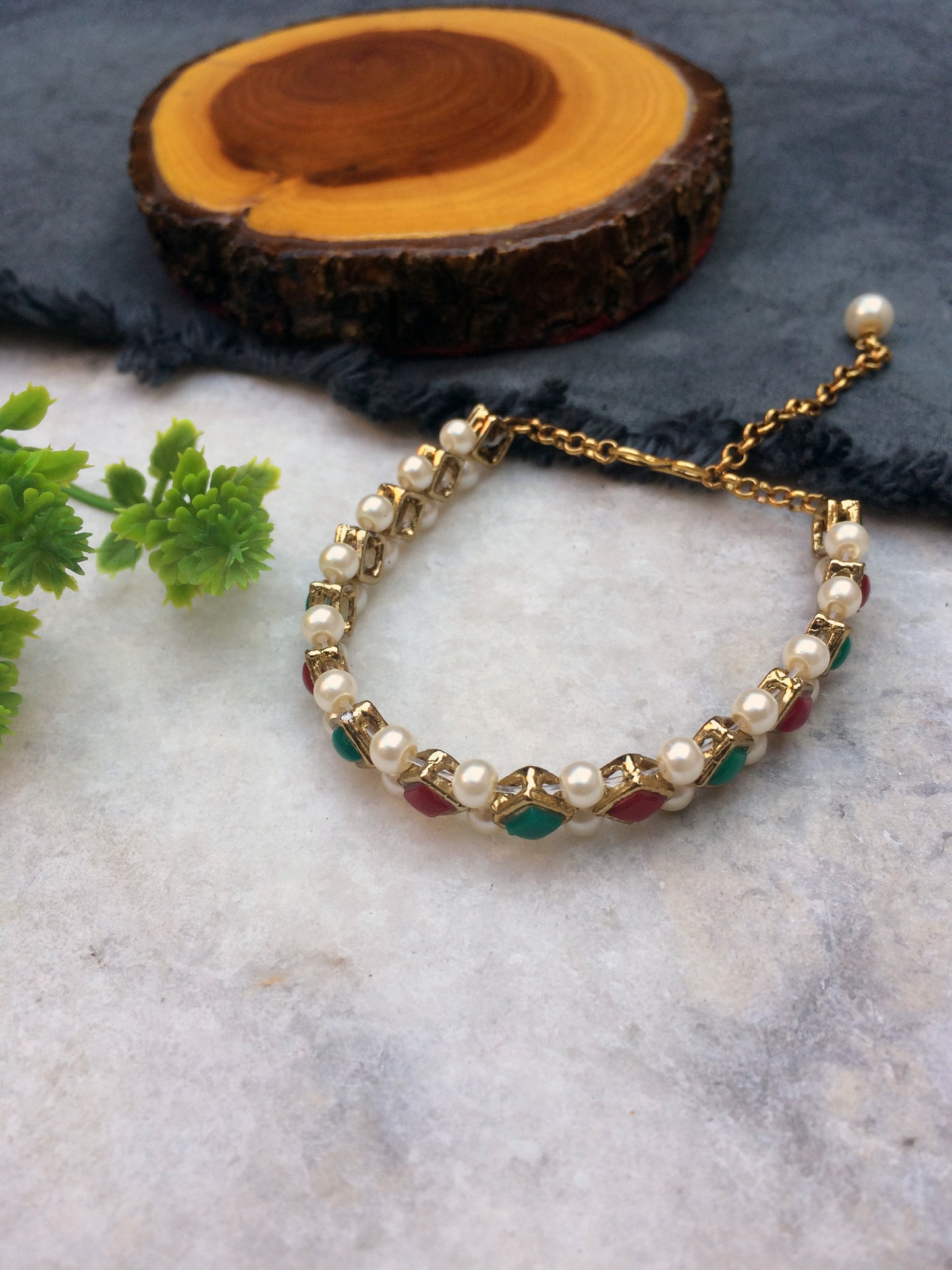 Emerald-Marsala Stone and Pearl Bracelet