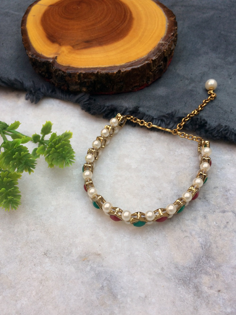 Emerald-Marsala Stone and Pearl Bracelet