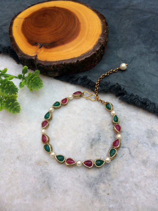 Drop Emerald-Marsala Stone and Pearl Bracelet