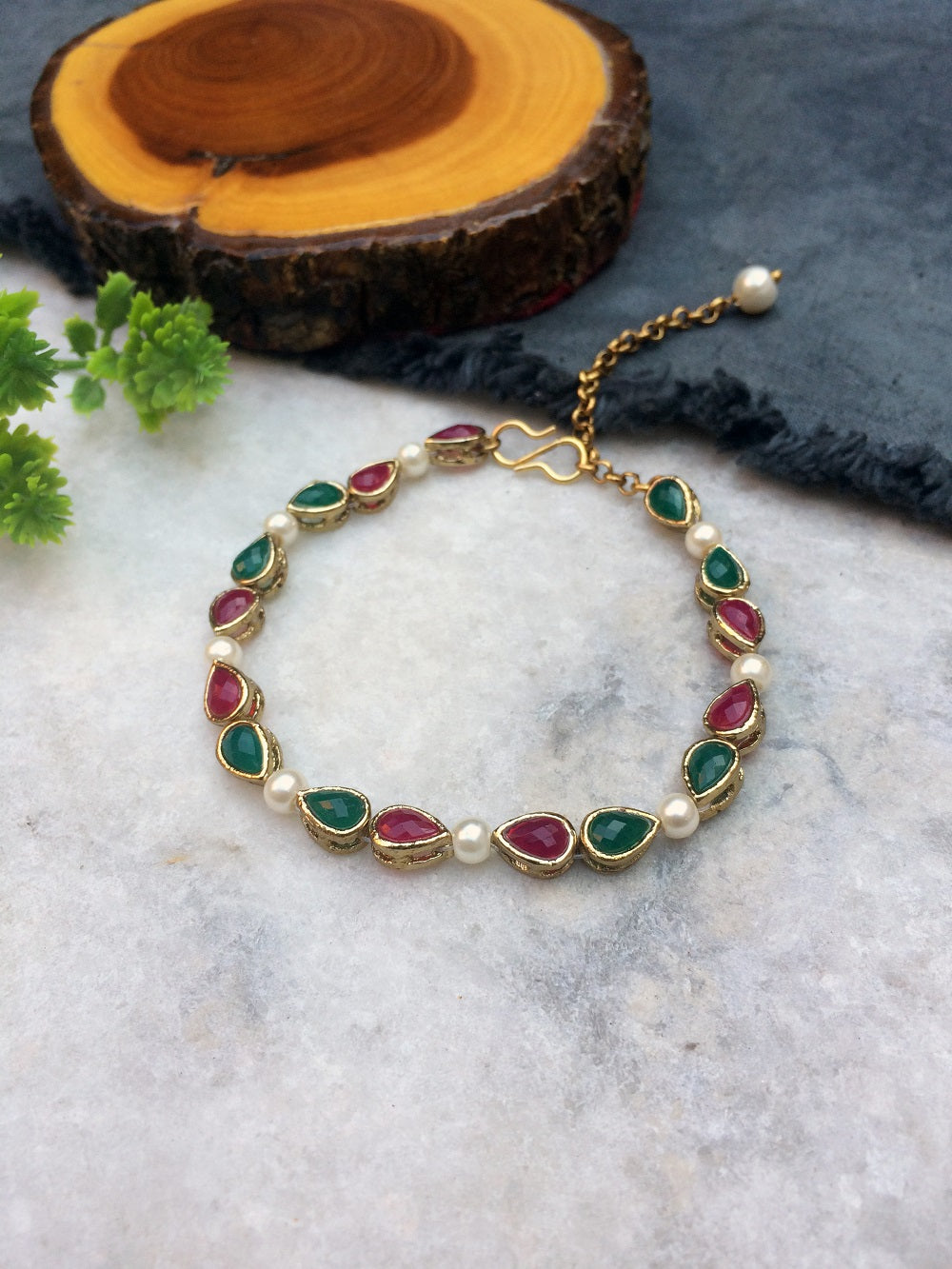 Drop Emerald-Marsala Stone and Pearl Bracelet