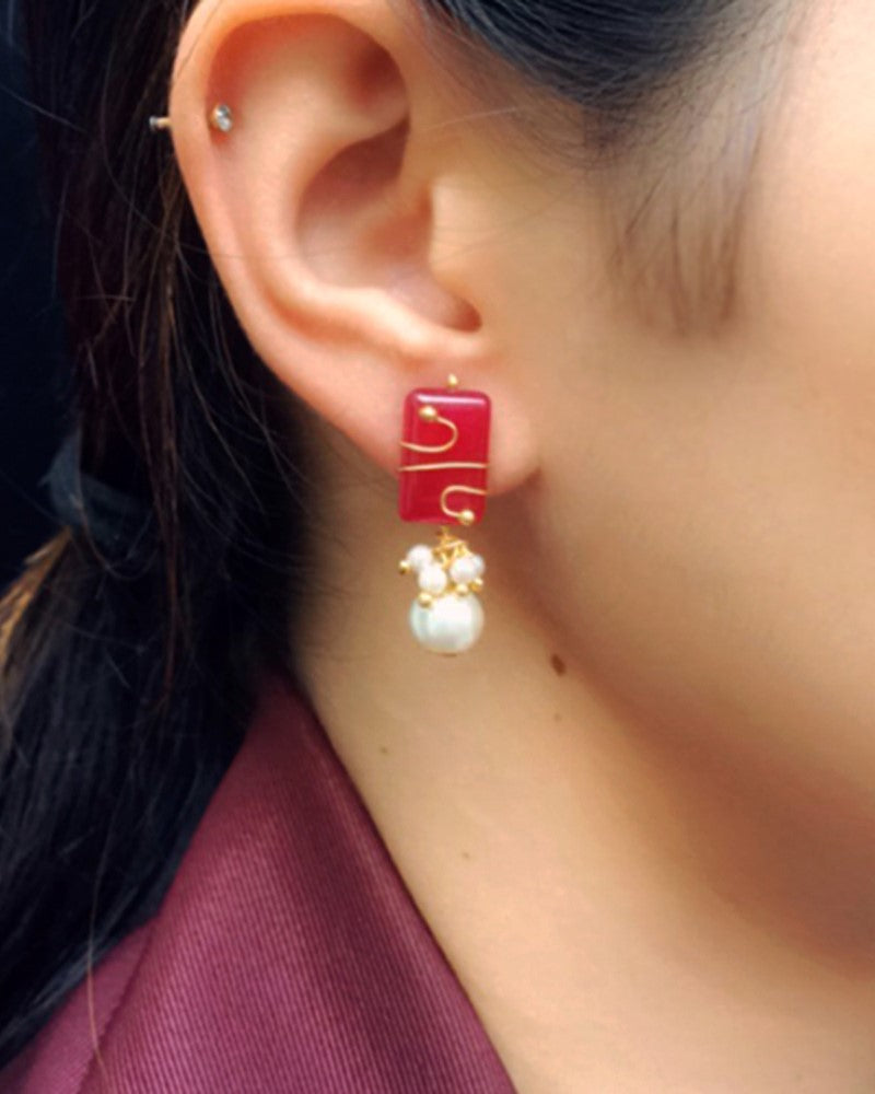 Marsala Stone and Pearl Stud Earrings