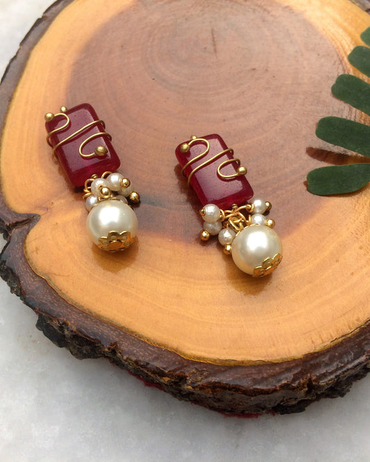 Marsala Stone and Pearl Stud Earrings