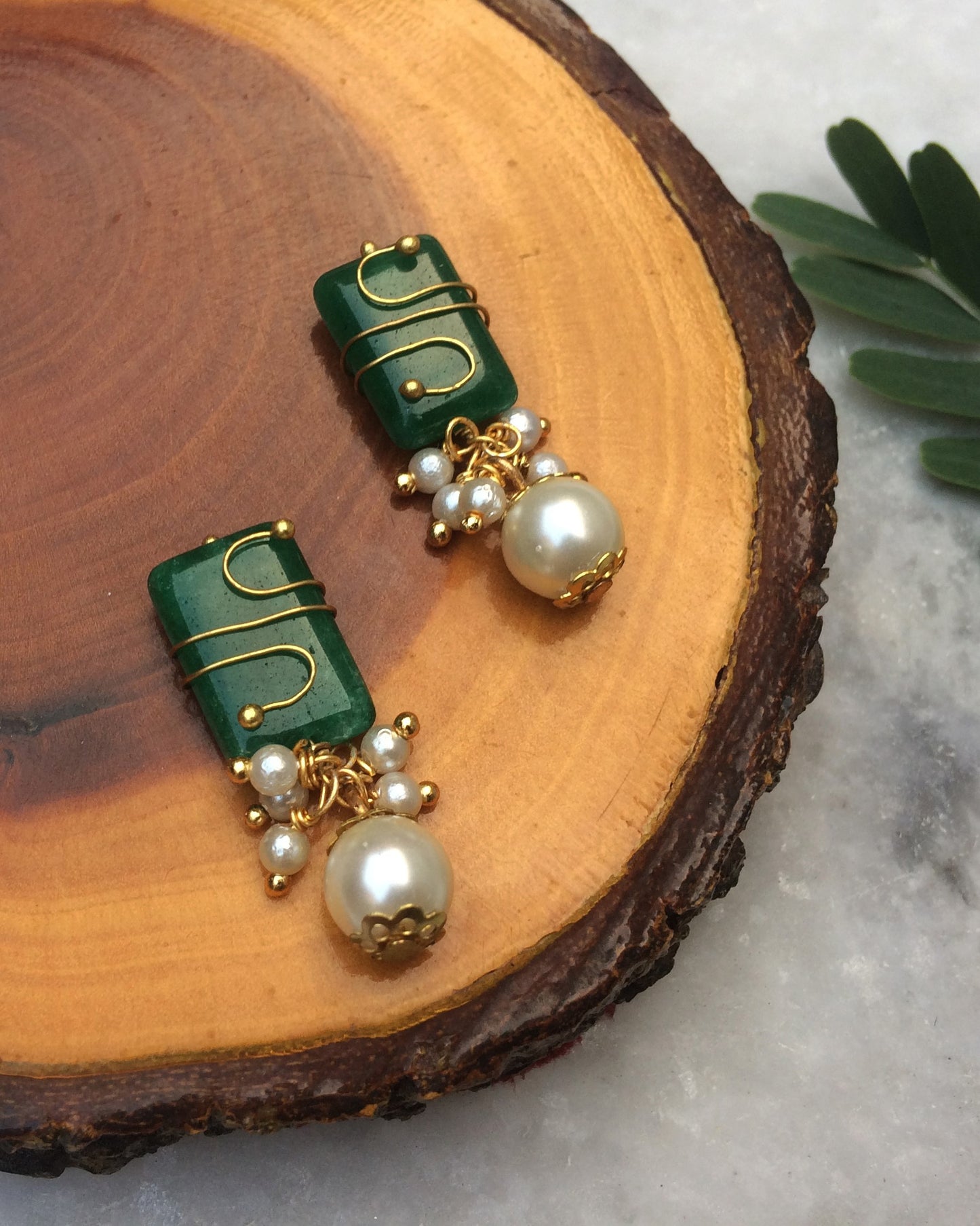 Emerald Stone and Pearl Stud Earrings