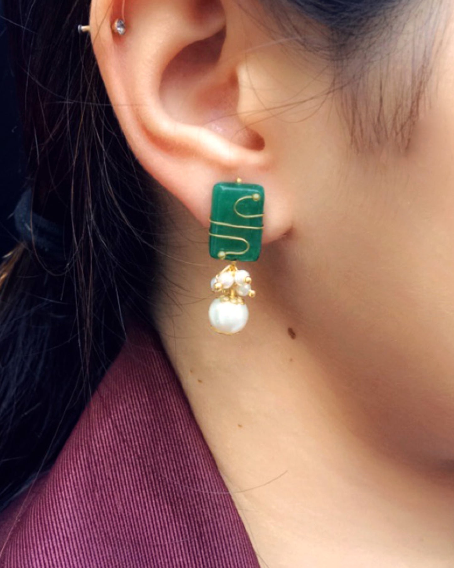 Emerald Stone and Pearl Stud Earrings