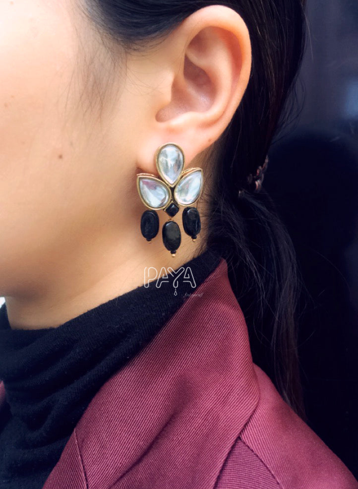 Black Stone and Kundan Dangler Earrings