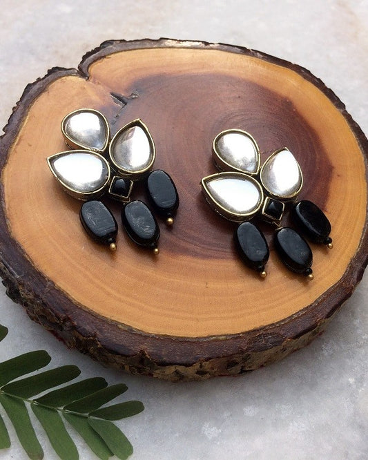 Black Stone and Kundan Dangler Earrings