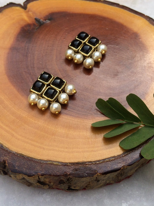 Black Resin Stone and Pearl Stud Earrings