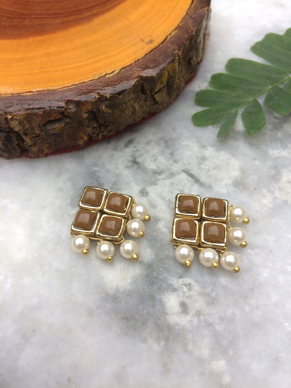 Brown Resin Stone and Pearl Stud Earrings