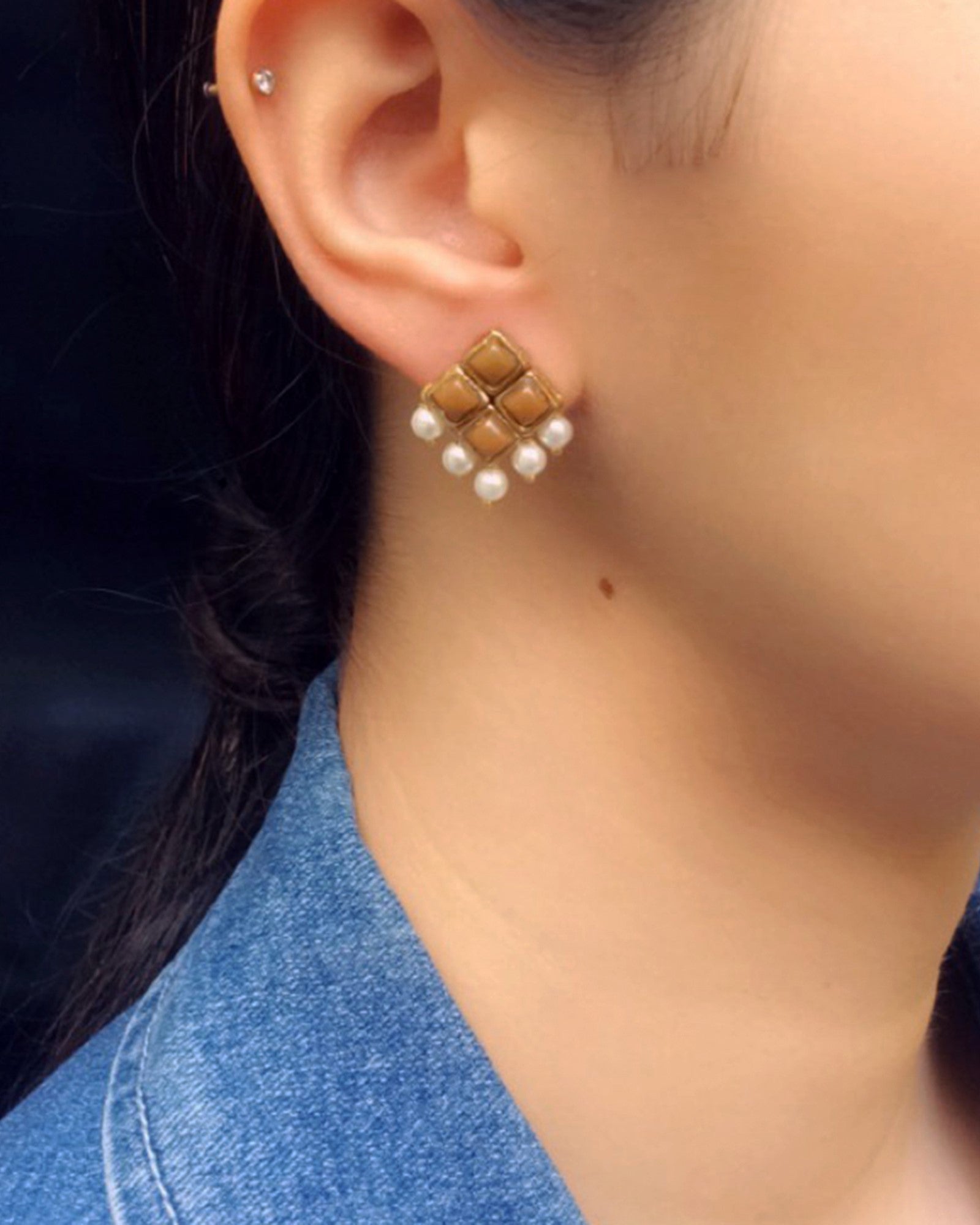 Buy Brown Stone Studded Pearl Hanging Earrings Online - W for Woman